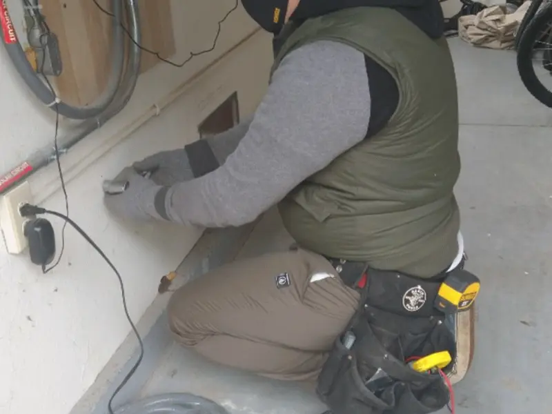 Electrician performing outlet wiring in a Shorewood garage